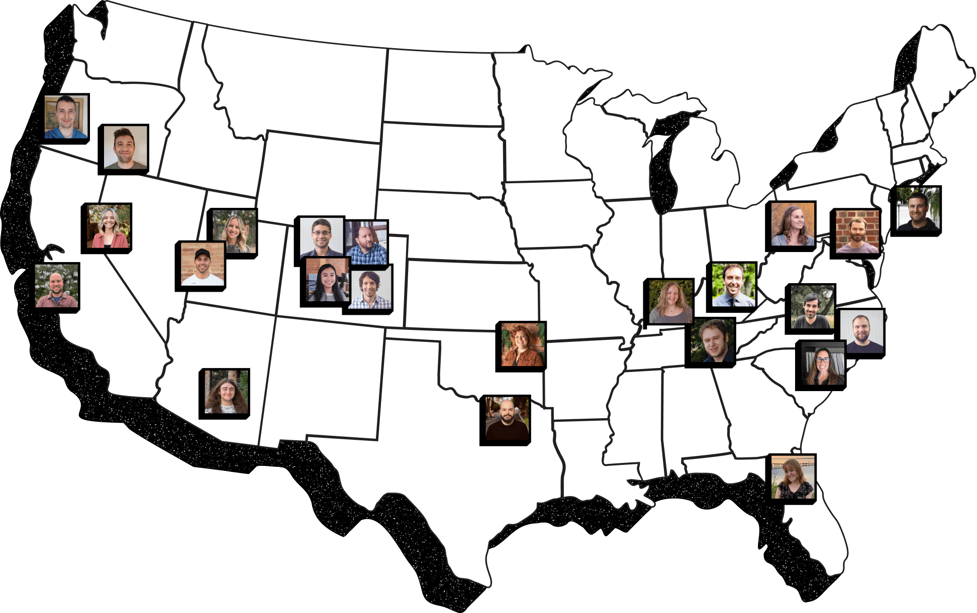 A U.S. map with headshots of By the Pixel employees in their respective home states